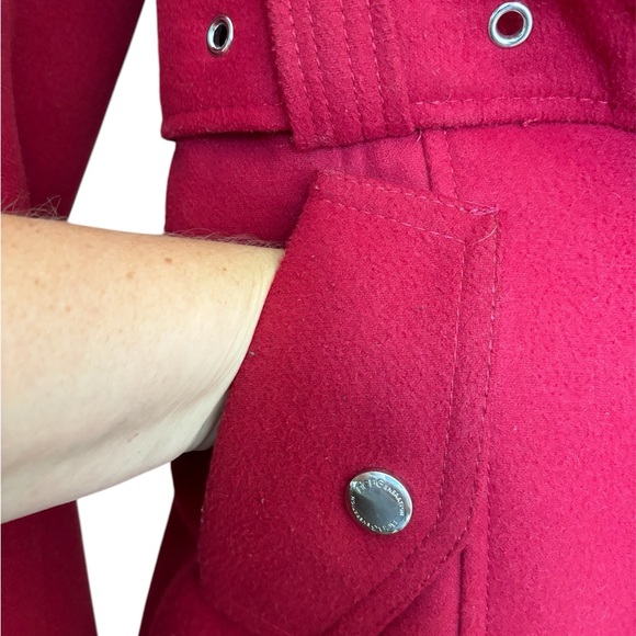 Cherry Red BCBG hooded and belted winter peacoat with silver brand hardware. - Picture 3 of 9